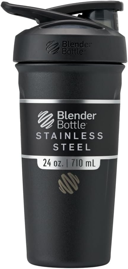 BlenderBottle Strada Shaker Cup Insulated Stainless Steel Water Bottle with Wire Whisk, 24-Ounce, Black
