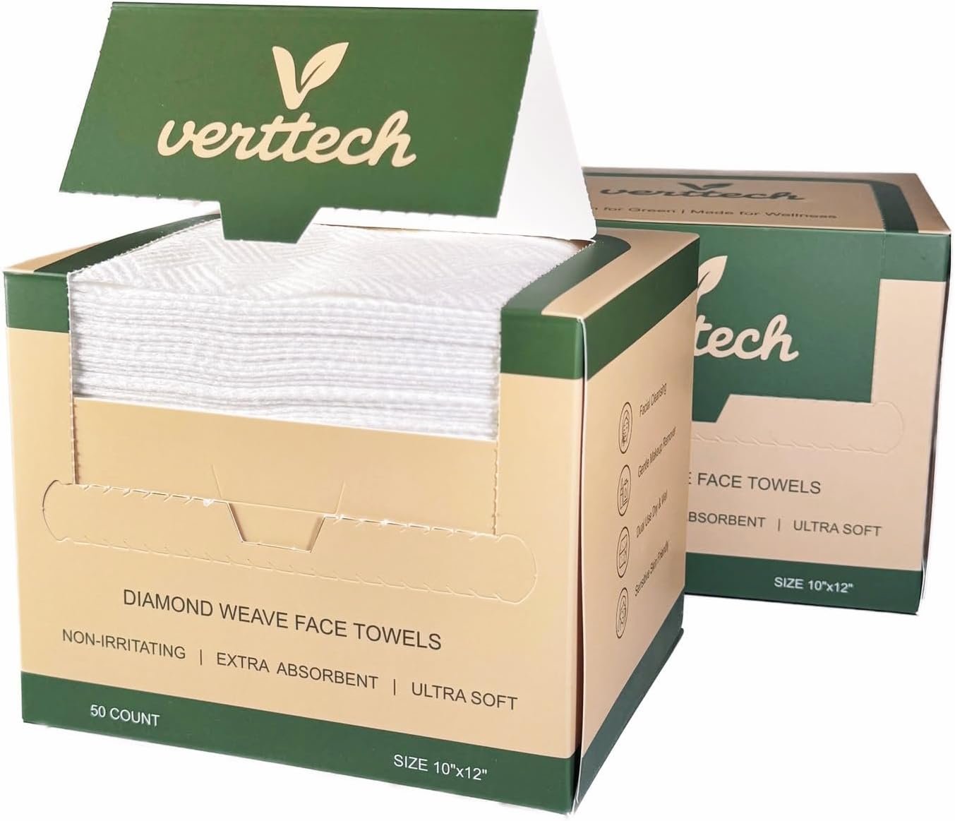 verttech™ Diamond Weave Disposable Face Towels, 100 Count (2 x 50 Count) – Extra Large 10″x12″, Ultra Absorbent, Dual-Texture Towelette for Skincare, Makeup Remover Towels