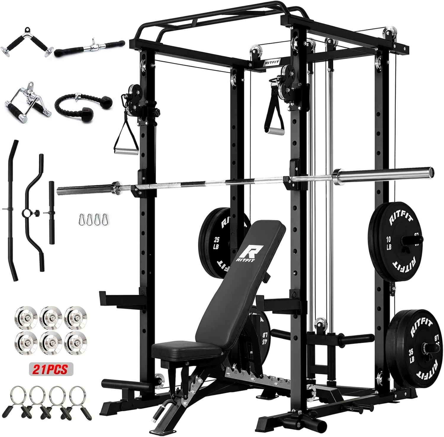 RitFit Upgraded PPC-P3 Power Cage, 3-in-1 Home Gym with Aluminum Pulley System, 1200LBS Capacity, Includes LAT Pulldown, Landmine, J-Hooks & 20+ Attachments, Fits Compact Spaces Black Red