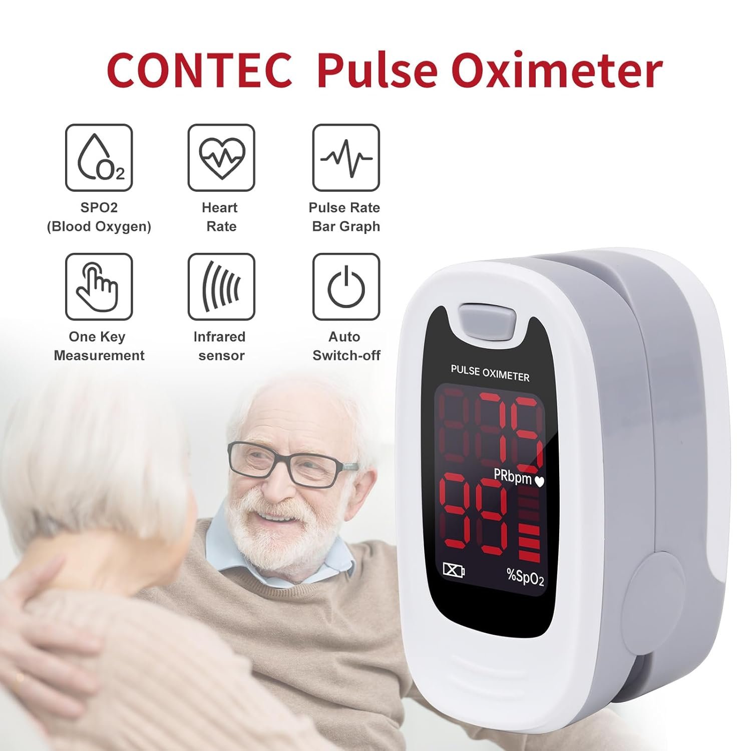 CONTEC CMS50M Fingertip Pulse Oximeter SpO2 and PR Value Blood Oxygen Monitor Neck/Wrist Cord LED Display Gray White color (Gray)