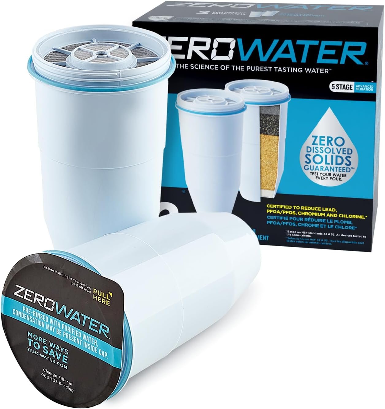 ZeroWater Official Replacement Filter – 5-Stage 0 TDS Filter Replacement – System IAPMO Certified to Reduce Lead, Chromium, and PFOA/PFOS, 2-Pack