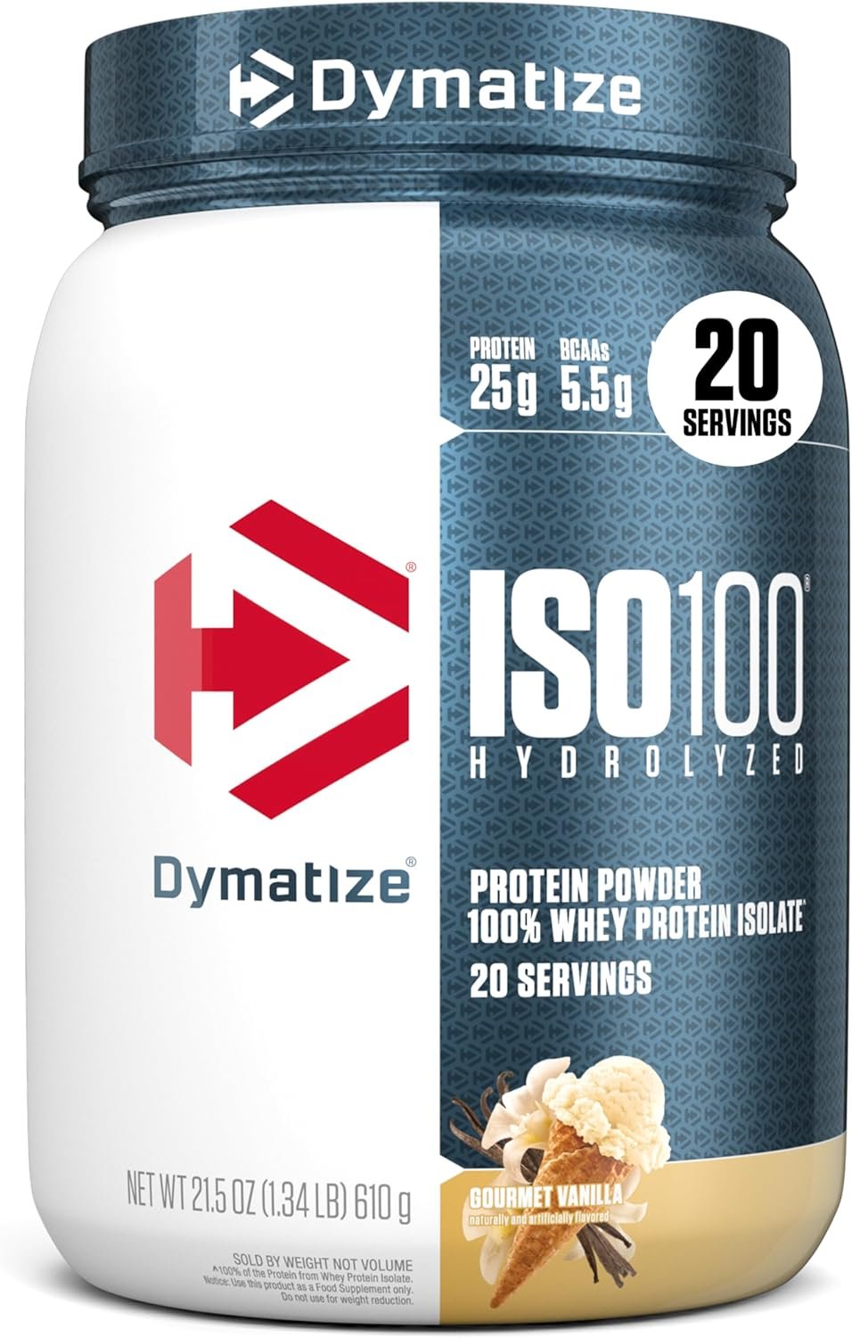 Dymatize ISO100 Whey Protein Powder Isolate, Gourmet Vanilla, 25g of Protein, 5.5g BCAAs, Less Than 120 Cal., Gluten Free, 1g Fat, 1g Sugar, 2g Carb (20 Servings)