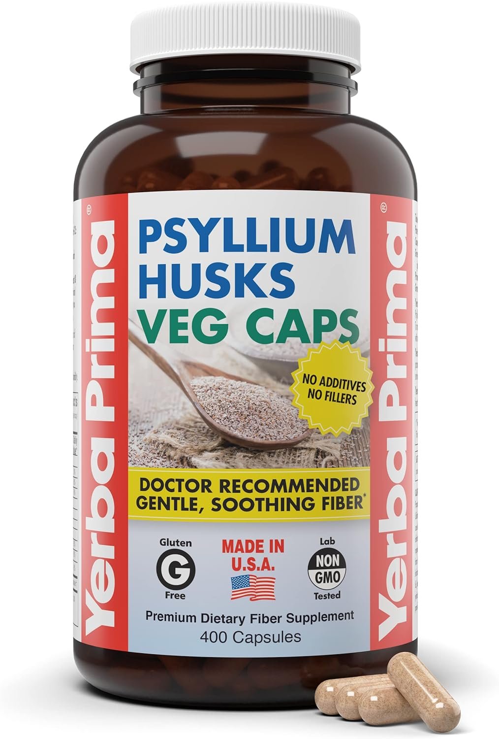 Yerba Prima Psyllium Husks Veg Caps, 400 Capsules (625mg) – Vegan, Non-GMO, Gluten Free, Colon Cleanser, Daily Fiber Supplement for Gut Health & Regularity