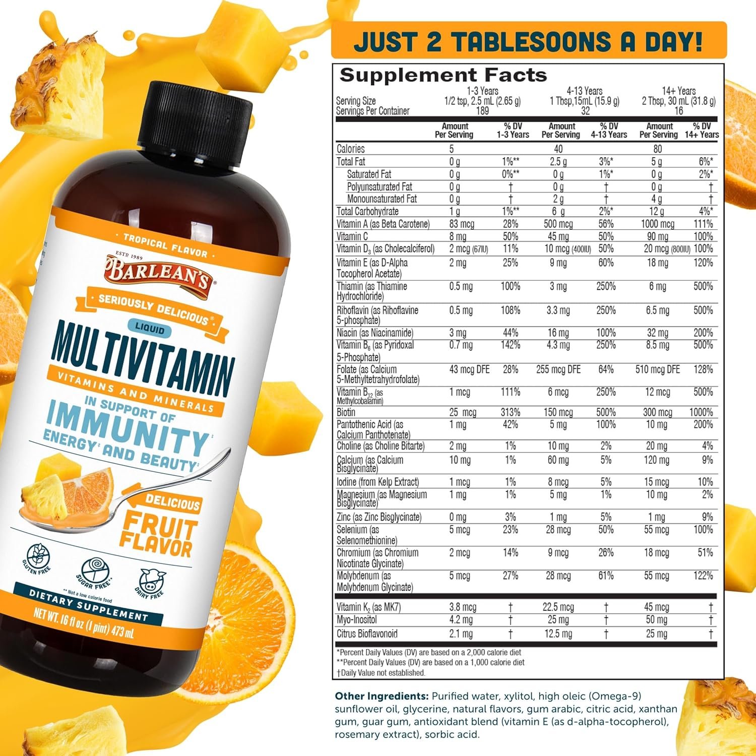 Barlean’s Liquid Multivitamin for Women, Men & Kids, 21 Essential Vitamins & Minerals, Includes Biotin, B-Complex, Vitamins C, D3 & K2, Smoothie-Like Daily Supplement, Tropical Flavor, 16 fl oz