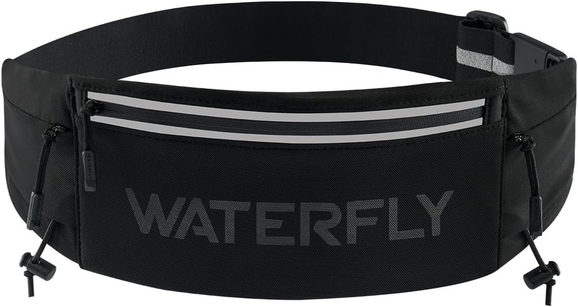 WATERFLY Running Belt Fanny Pack: Breathable 3 Pocket Waist Bag for Men Women Workout Exercise Fitness Phone Holder Fits All Phones – Runner Marathon Jogging Race Belt with Bib Clip Black