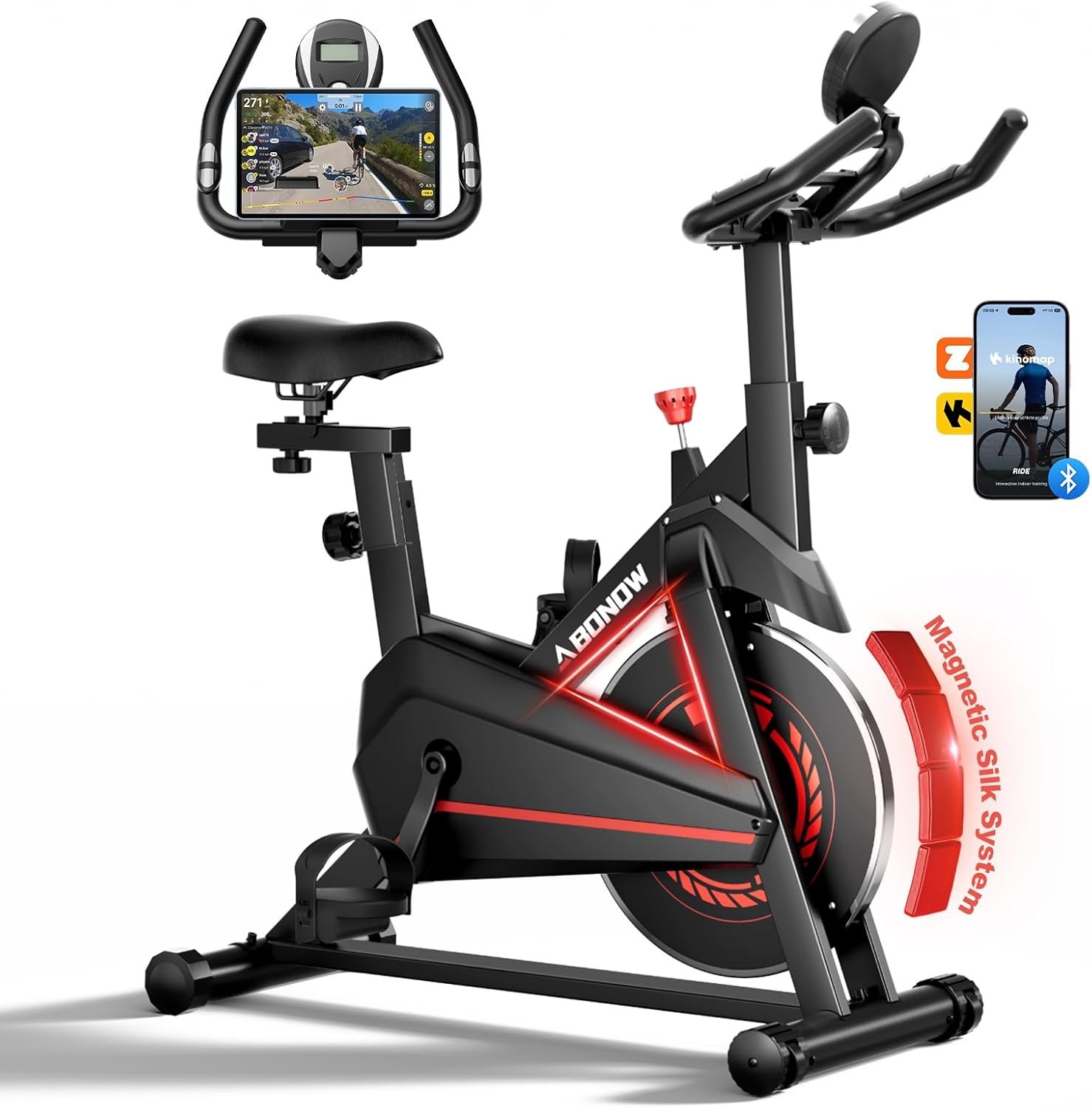 Exercise Bike, Adjustable Magnetic Resistance Stationary Bikes for Home with App Compatible, Tablet Mount & Extra Comfort Seat, Indoor Cycling Bike with 300lbs Capacity Compact