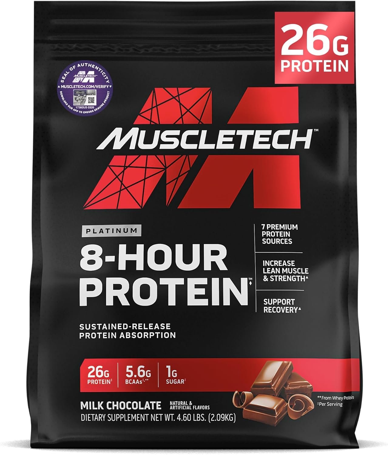 MuscleTech Platinum 8-Hour Protein Powder – 7 Premium Protein Sources with Whey & Casein Protein for Increased Lean Muscle, Strength & Improved Recovery – Milk Chocolate, 50 Servings