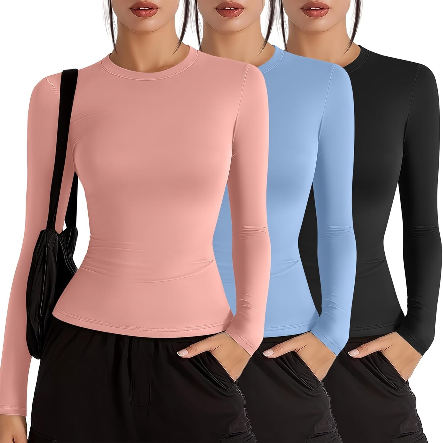 3 Pack Womens Compression Shirts Long Sleeve Crew Neck Tops Slim Fit Undershirts Workout Yoga Athletic