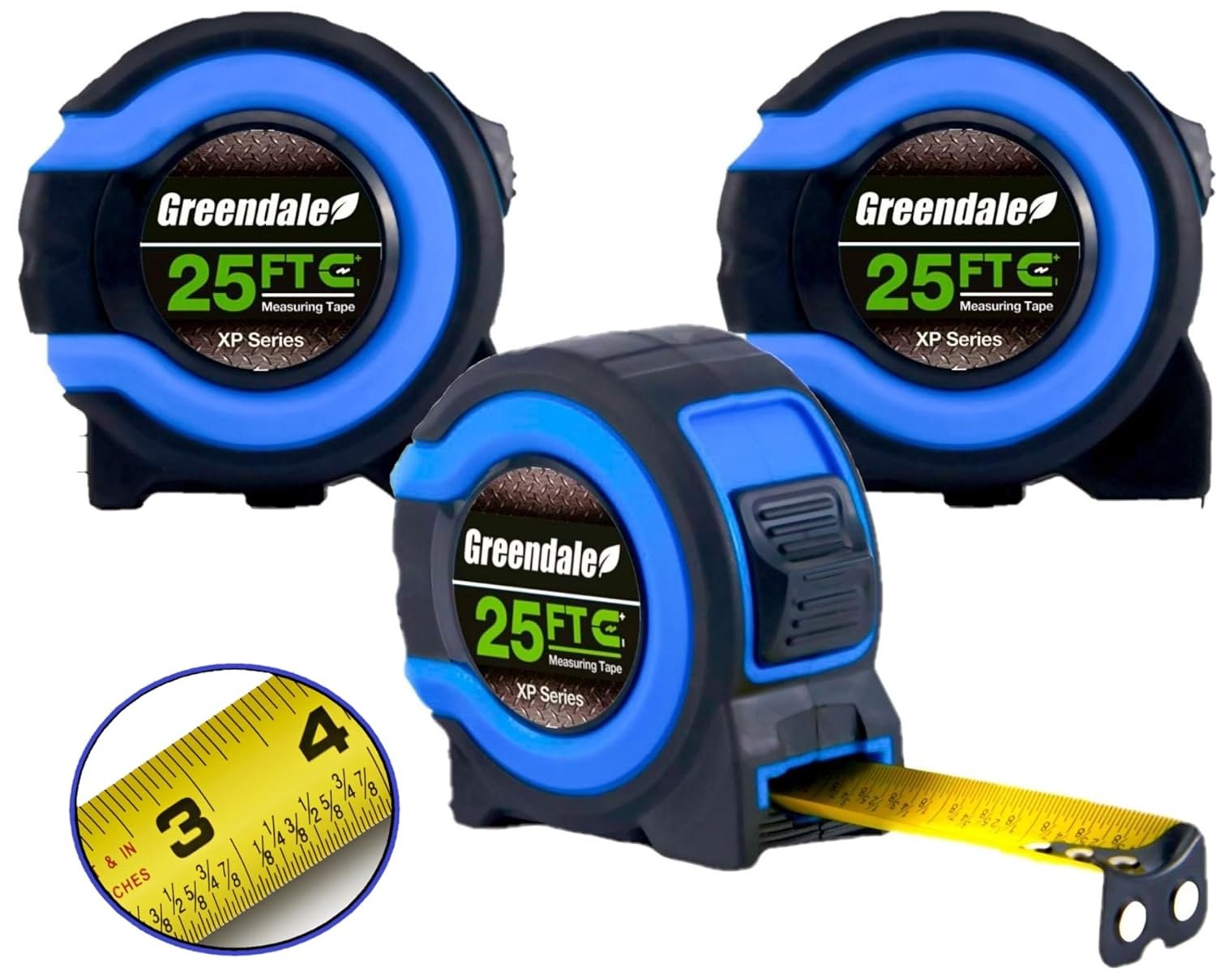 Greendale – 3 Pack – Tape Measures 25 ft – Easy to Read Fractions to 1/8th inch – Magnetic Tip – Thumb and Quick Lock – Autowind – Belt Clip – Blue – Measuring Tape Retractable